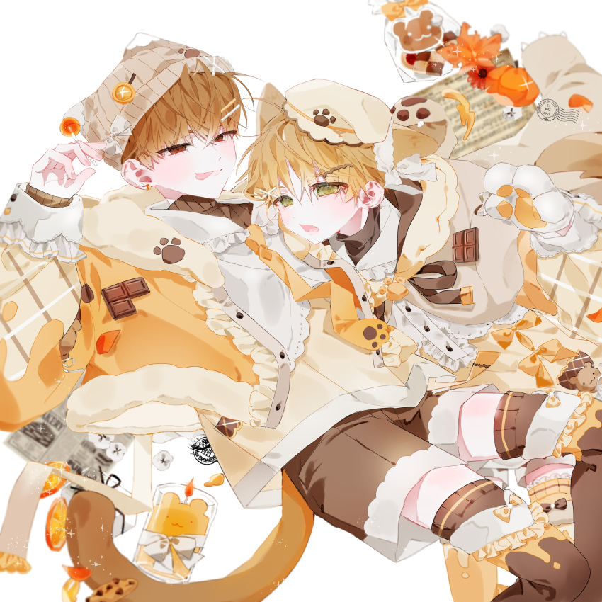 2boys absurdres animal_ears animal_hands beret black_shorts black_thighhighs blonde_hair brown_eyes candy cat_boy cat_ears cat_tail chocolate extra_ears food gloves green_eyes grey_headwear hat highres jacket kneehighs light_brown_hair lollipop long_sleeves looking_at_viewer male_focus multiple_boys munong open_mouth orange_jacket original paw_gloves pumpkin shirt short_hair shorts socks tail thighhighs tongue tongue_out white_shirt white_shorts