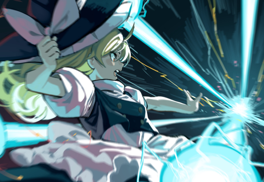 1girl apron black_headwear black_vest blonde_hair bow hat hat_bow highres kirisame_marisa long_hair open_mouth profile puffy_short_sleeves puffy_sleeves shirt short_sleeves solo touhou touhou_lost_branch_of_legend tuck vest waist_apron white_apron white_bow white_shirt witch_hat yellow_eyes