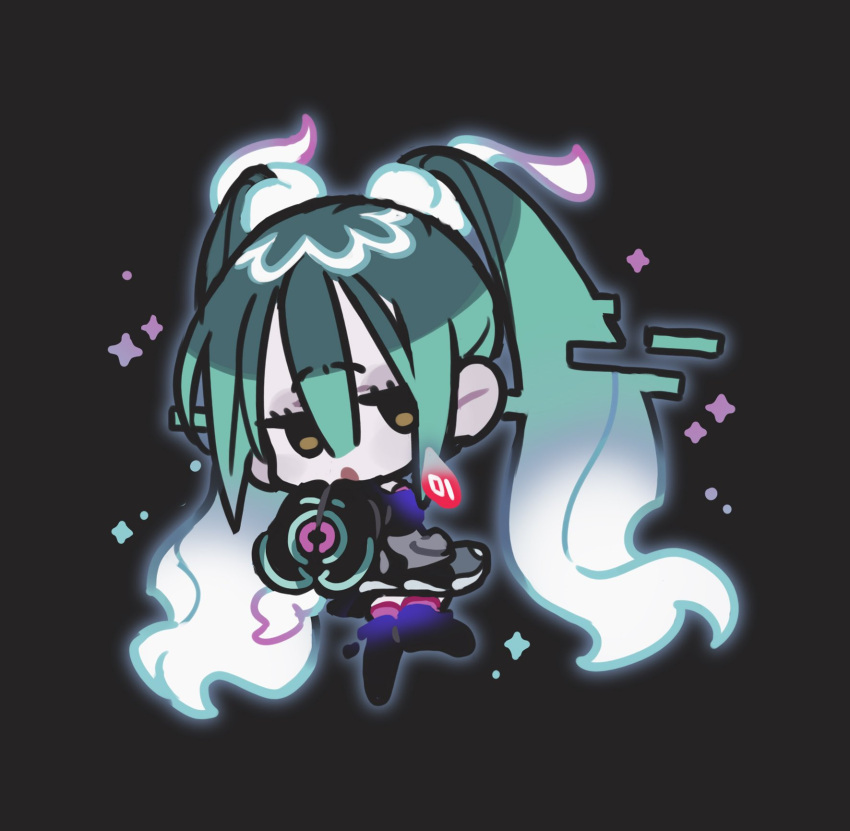 1girl :o black_background black_sleeves black_thighhighs blue_hair chibi full_body ghost_miku_(project_voltage) glitch glowing gradient_hair grey_shirt hair_between_eyes hands_up hatsune_miku highres long_hair looking_at_viewer multicolored_hair open_mouth pale_skin platinum_(o0baijin0o) pokemon print_sleeves project_voltage see-through see-through_skirt shirt skirt solo sparkle thighhighs twintails very_long_hair vocaloid white_hair will-o'-the-wisp_(mythology) yellow_eyes