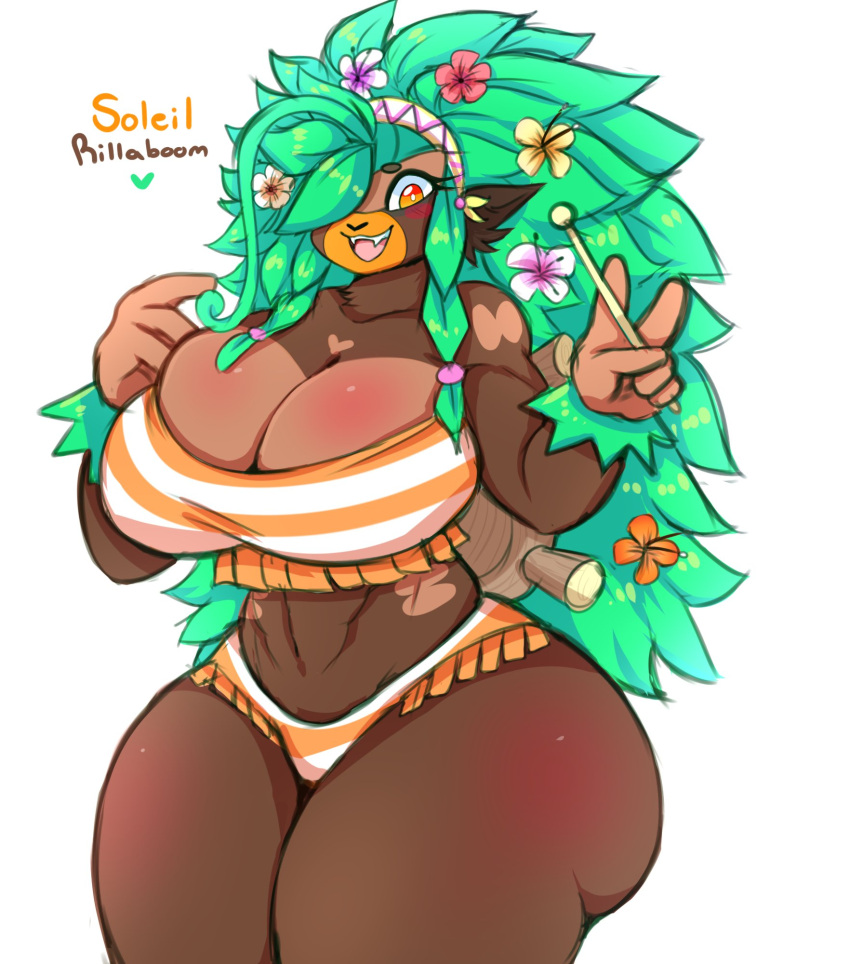 accessory anthro big_breasts breasts brown_body brown_fur cleavage clothed clothing female flower flower_in_hair fur generation_8_pokemon gesture green_hair hair hair_accessory hair_over_eye hi_res huge_breasts long_hair mammal nintendo one_eye_obstructed plant pokemon pokemon_(species) primate rillaboom rockpup241 soleil_(rockpup241) solo thick_thighs topwear v_sign wide_hips