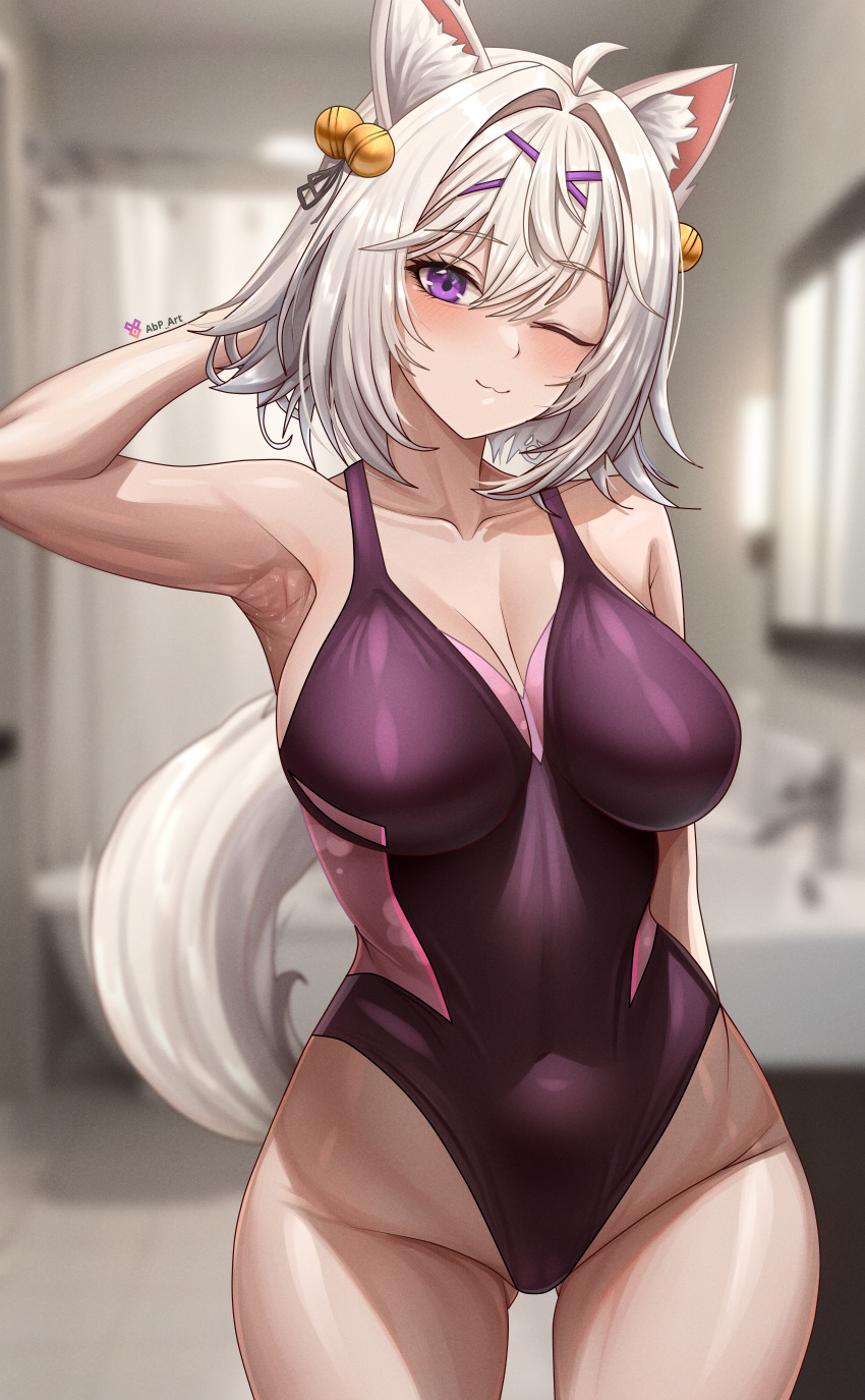 1girl abpart absurdres animal_ears bare_arms bare_shoulders bathroom blurry blurry_background blush breasts cleavage closed_mouth collarbone cowboy_shot filian_(vtuber) hair_ornament highres indie_virtual_youtuber indoors large_breasts leotard one_eye_closed purple_eyes purple_leotard sleeveless smile solo tail thighs virtual_youtuber white_hair