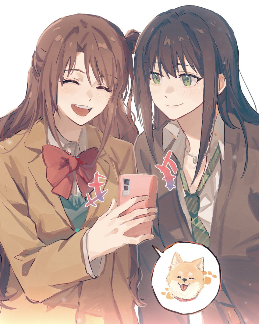 2girls ^_^ black_cardigan black_hair blazer blush bow bowtie brown_hair brown_jacket cardigan closed_eyes highres holding holding_phone idolmaster idolmaster_cinderella_girls jacket long_sleeves looking_at_another loose_necktie multiple_girls necktie phone red_bow red_bowtie school_uniform shiba_inu shibuya_rin shimamura_uzuki simple_background smile spoken_animal upper_body white_background yumi_xsh