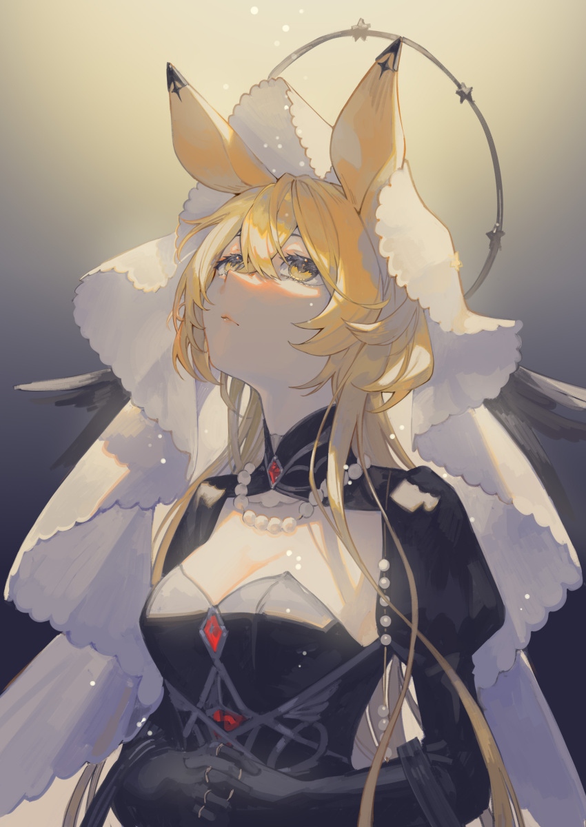 1girl absurdres animal_ears arknights black_dress blonde_hair breasts cleavage commentary dorothy_(arknights) dorothy_(hand_of_destiny)_(arknights) dress frown gradient_background grey_background headdress highres jewelry long_hair looking_at_viewer medium_breasts miike_(992058) mouse_ears mouse_girl necklace own_hands_together pearl_necklace sidelocks solo upper_body veil yellow_background yellow_eyes