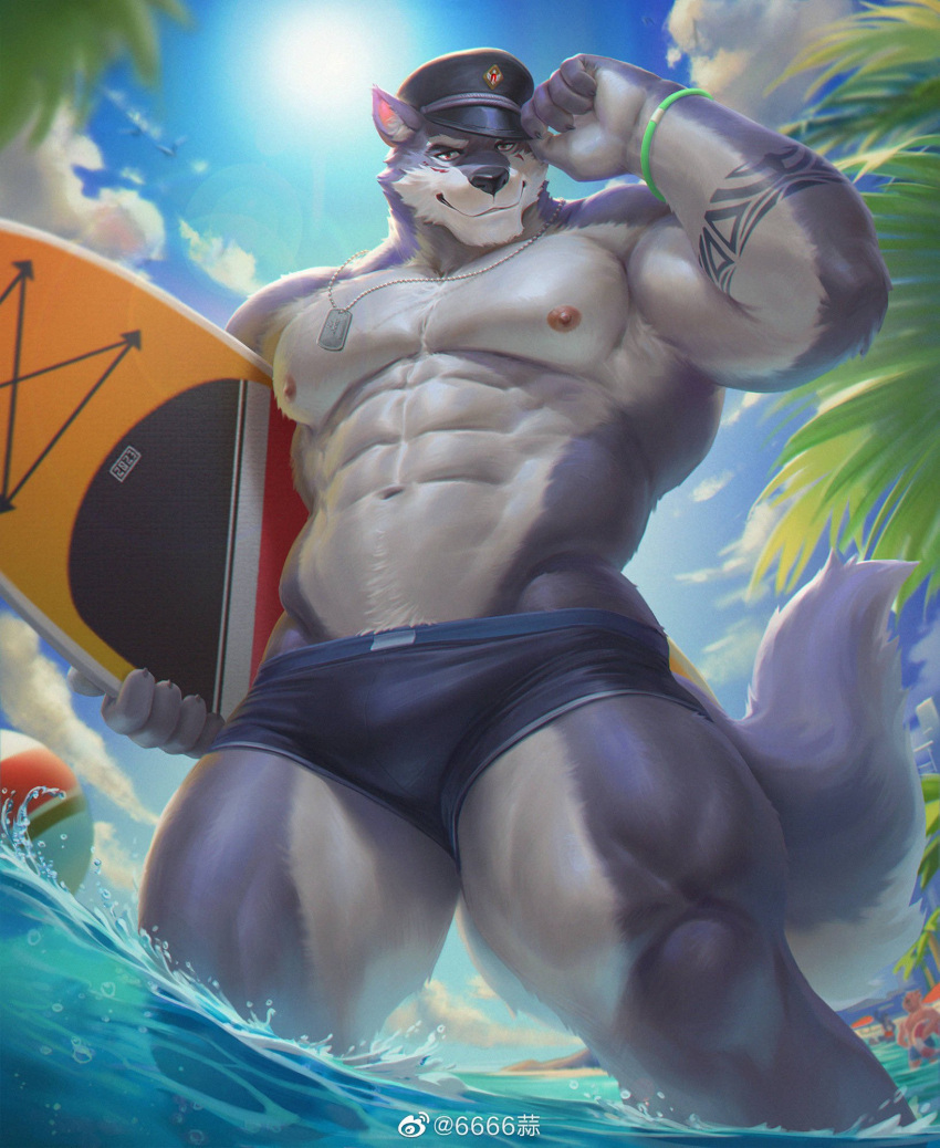 2023 6suan abs anthro arm_tuft athletic beach biceps body_tuft canid canine canis chest_tuft clothing facial_tuft fur grey_body grey_fur hair hat head_tuft headgear headwear hi_res jewelry leaf liquid looking_at_viewer low-angle_view male mammal markings muscular muscular_anthro muscular_legs muscular_male muscular_thighs necklace nipples outside pecs police_hat pubes seaside serratus sky smile smiling_at_viewer smirk smirking_at_viewer solo solo_focus surfboard swimwear tail tail_tuft tattoo tuft underarm underwear water weibo weibo_logo white_body white_fur wolf wristband