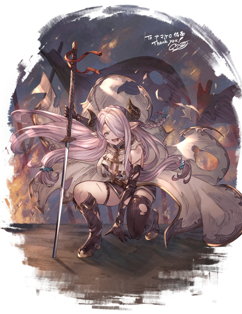 1girl asymmetrical_gloves ayacho braid breasts demon_horns draph gloves granblue_fantasy granblue_fantasy_versus hair_over_one_eye highres horns katana large_breasts light_purple_hair narmaya_(granblue_fantasy) pointy_ears single_braid single_thighhigh sword thigh_strap thighhighs uneven_gloves weapon