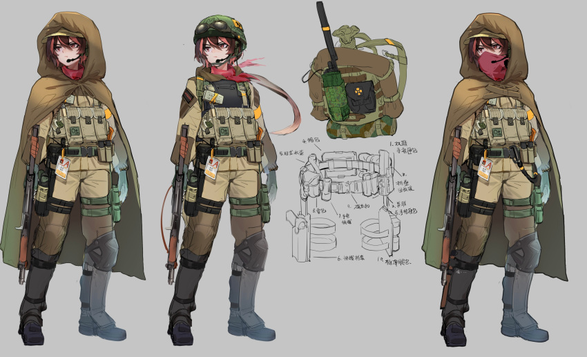 1girl absurdres assault_rifle bandana boots breasts brown_cloak brown_hair brown_headwear brown_jacket brown_pants camouflage cloak dog_tags ear_protection flat_cap goggles goggles_on_headwear green_headwear grey_background grey_footwear gun hair_between_eyes hat headset helmet highres holding holding_gun holding_weapon hood hood_up hooded_cloak jacket kalashnikov_rifle knee_boots knee_pads long_hair low_ponytail multicolored_hair multiple_views original pants ponytail red_eyes rifle simple_background single_knee_pad small_breasts streaked_hair translation_request tuziki_sang v-shaped_eyebrows very_long_hair weapon weapon_request