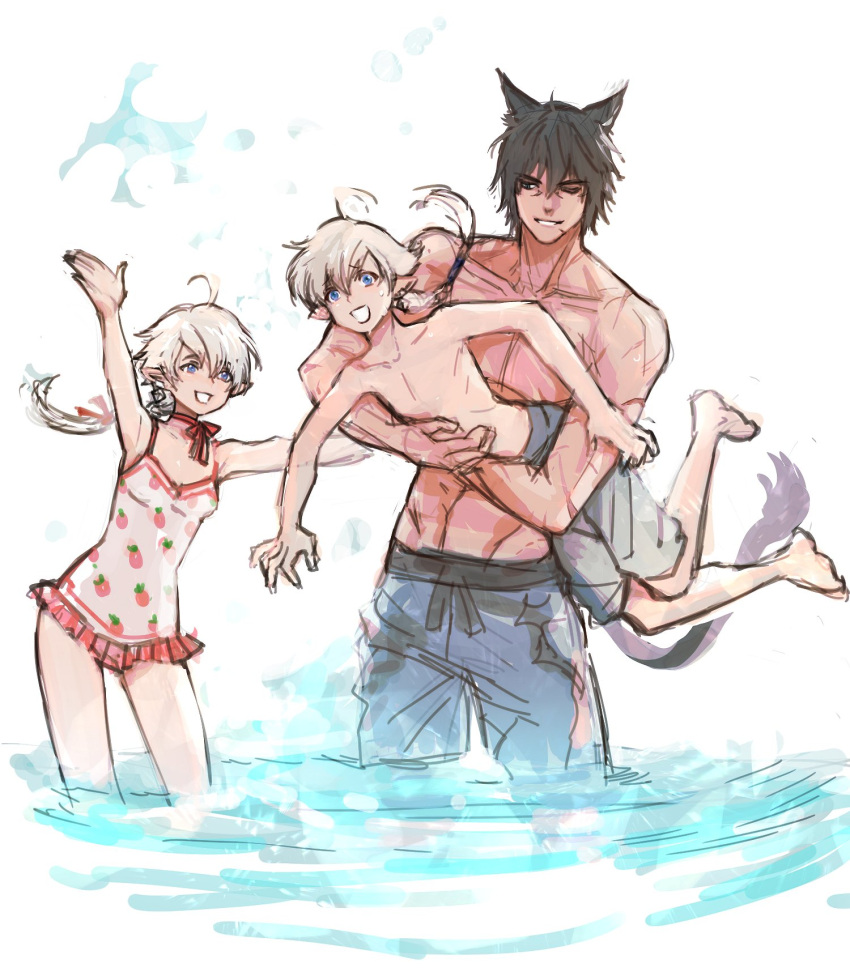17171771_4u 1girl 2boys alisaie_leveilleur alphinaud_leveilleur animal_ears cat_ears commentary_request final_fantasy final_fantasy_xiv food_print highres korean_commentary lifting_person male_swimwear miqo'te multiple_boys one-piece_swimsuit pointy_ears smile strawberry_print swim_trunks swimsuit warrior_of_light_(ff14) water