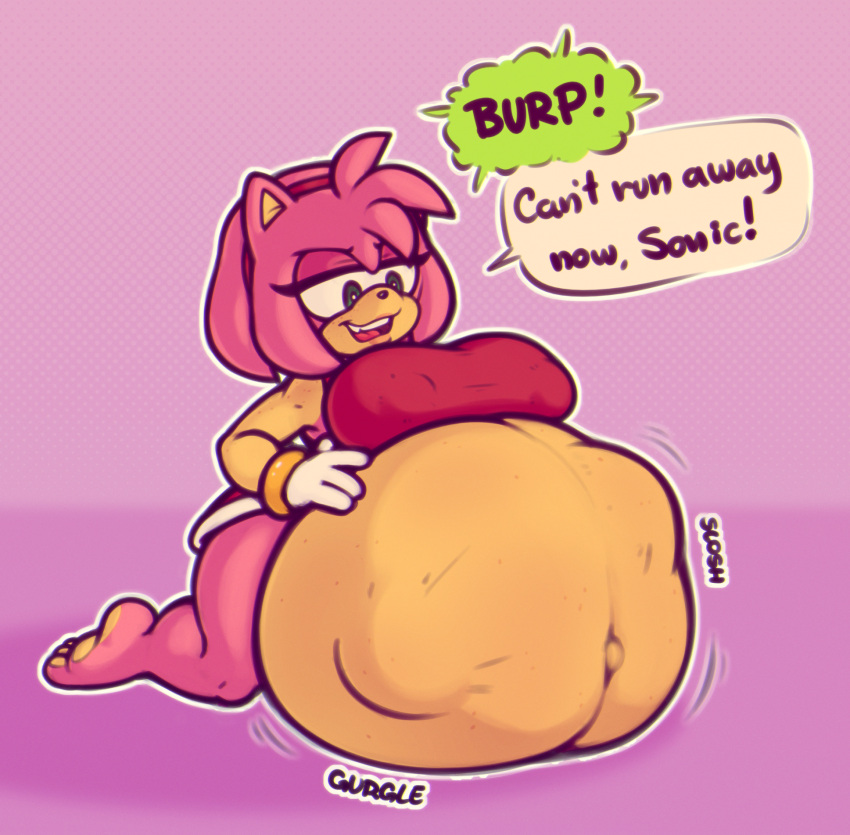 amy_rose anthro anthro_pred big_breasts breasts burp_cloud burping clothing dialogue digestion digestion_noises dress english_text eulipotyphlan female female_pred hand_on_own_belly hedgehog hi_res huge_belly kneeling mammal motion_lines navel nipple_outline oral_vore same_size_vore sega sloshing_belly sonic_the_hedgehog_(series) speech_bubble struggling_prey stunnerpony talking_to_prey taunting text tight_clothing tight_dress vore