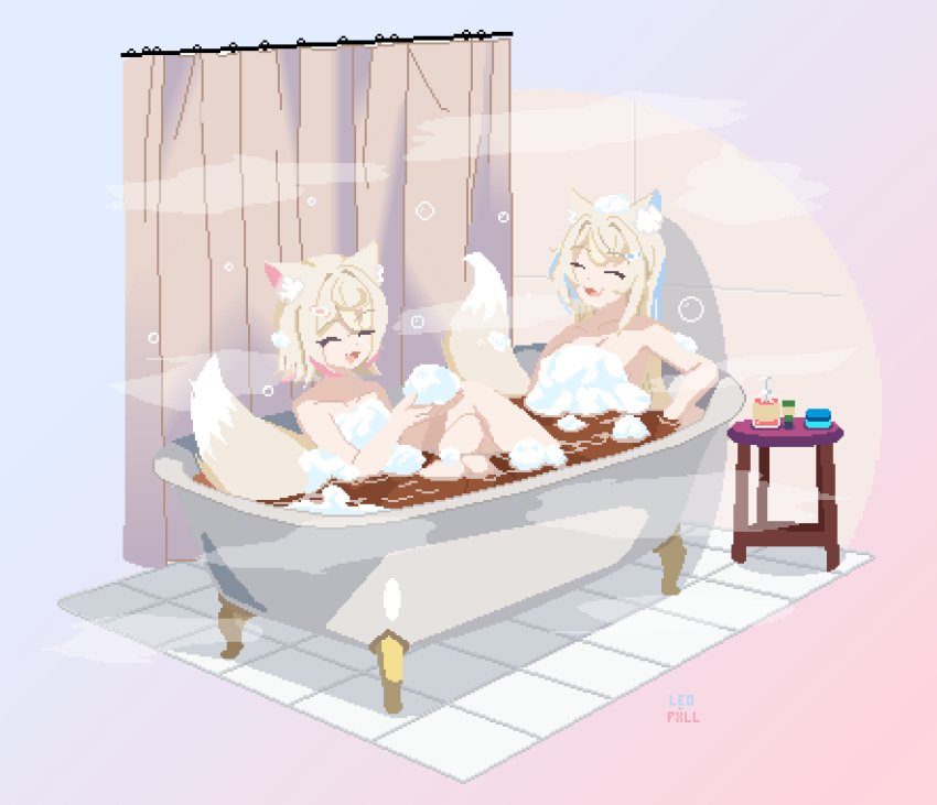 2girls absurdres animal_ear_fluff animal_ears bath blonde_hair blue_hair breasts bubble_bath cleavage closed_eyes collar convenient_censoring dog_ears dog_girl dog_tail fuwawa_abyssgard hair_ornament headband highres hololive hololive_english indoors leopxl long_hair mococo_abyssgard multicolored_hair multiple_girls nude open_mouth pink_hair pink_headband pixel_art short_hair siblings sisters smile sprite streaked_hair tail twins virtual_youtuber