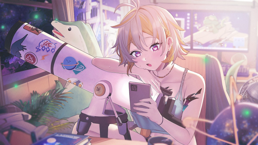 1girl :o animal bare_shoulders blonde_hair blurry book camisole cellphone collarbone commission crop_top depth_of_field ear_piercing earrings electric_fan fingernails grey_camisole grey_hair hair_between_eyes hair_ornament hand_up highres hiiragi_mikoto holding holding_phone indie_virtual_youtuber indoors jewelry keyboard_(computer) komodo_dragon leaning_on_object light_blush light_particles lightning_bolt_symbol looking_at_phone looking_through_window monitor multicolored_hair necklace open_mouth phone piercing plant purple_eyes scar scar_on_arm scar_on_shoulder short_hair sitting skeb_commission smartphone solo space_print starry_sky_print sticker streaked_hair sunny_splosion sweat telescope two-tone_hair virtual_youtuber window