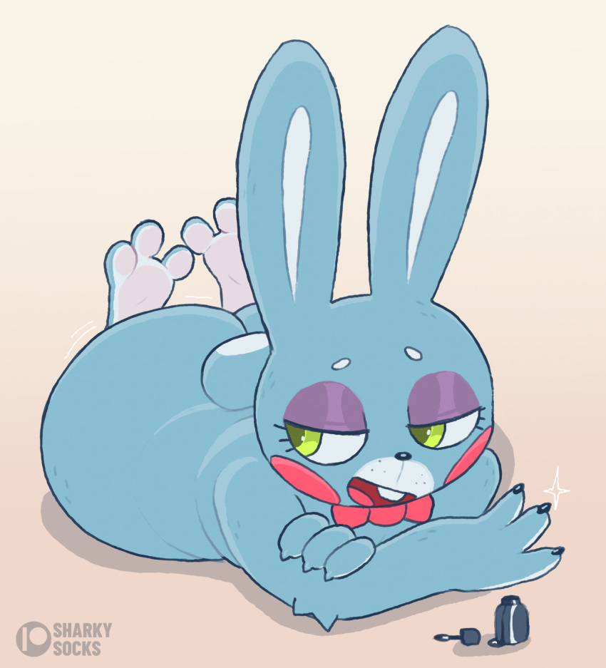 anthro big_butt blue_body butt colored_nails eyeshadow five_nights_at_freddy's five_nights_at_freddy's_2 green_eyes half-closed_eyes hi_res lagomorph leporid long_ears lying makeup male mammal nails narrowed_eyes nude on_front purple_eyeshadow rabbit scottgames sharkysocks solo thick_thighs toy_bonnie_(fnaf)