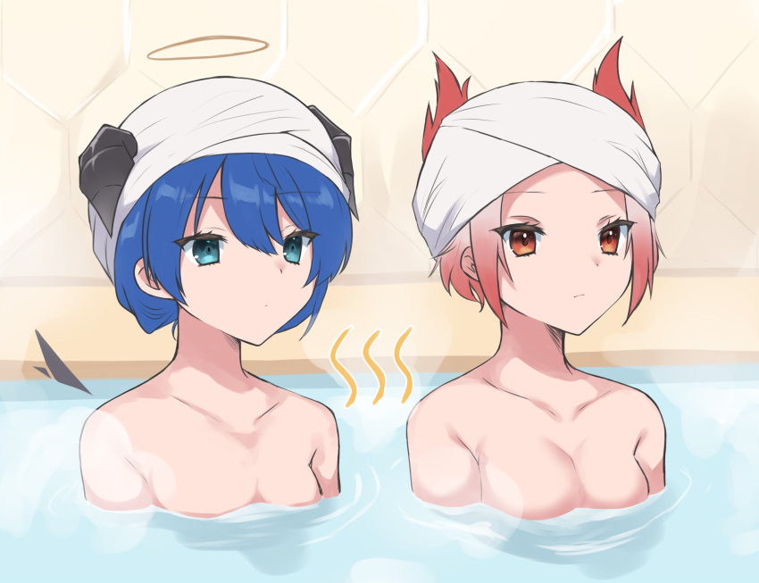 2girls amesaki_vanilla animal_ears arknights bathing bird_ears blue_eyes blue_hair breasts demon_horns detached_wings energy_wings fiammetta_(arknights) halo highres horns indoors long_hair medium_breasts mostima_(arknights) multiple_girls nude red_eyes red_hair short_hair steam towel towel_on_head upper_body wings