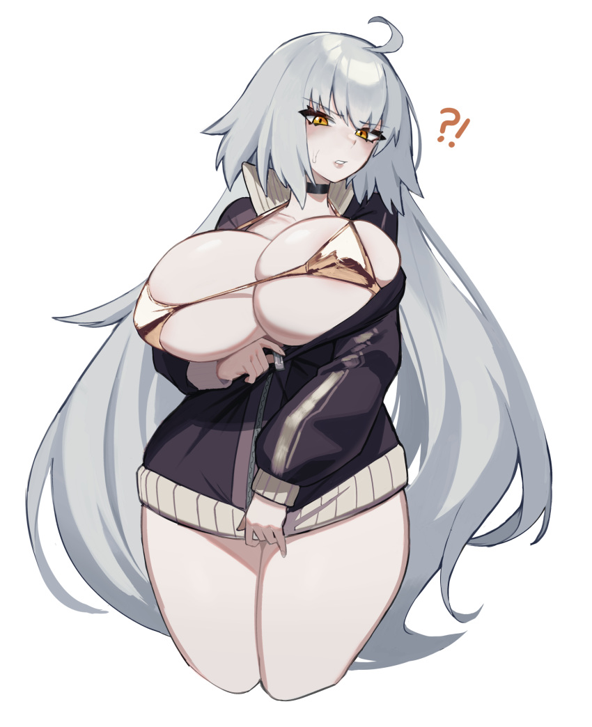 !? 1girl ahoge arm_under_breasts bikini bikini_top_only black_choker blush breasts choker cleavage collarbone covered_nipples fate/grand_order fate_(series) gold_bikini grey_hair highres huge_breasts jacket jeanne_d'arc_alter_(fate) long_hair long_sleeves looking_at_viewer open_clothes open_jacket orange_eyes parted_lips partially_unzipped psidubs pulled_by_self simple_background skindentation solo swimsuit thick_thighs thighs unzipped unzipping very_long_hair white_background zipper zipper_pull_tab