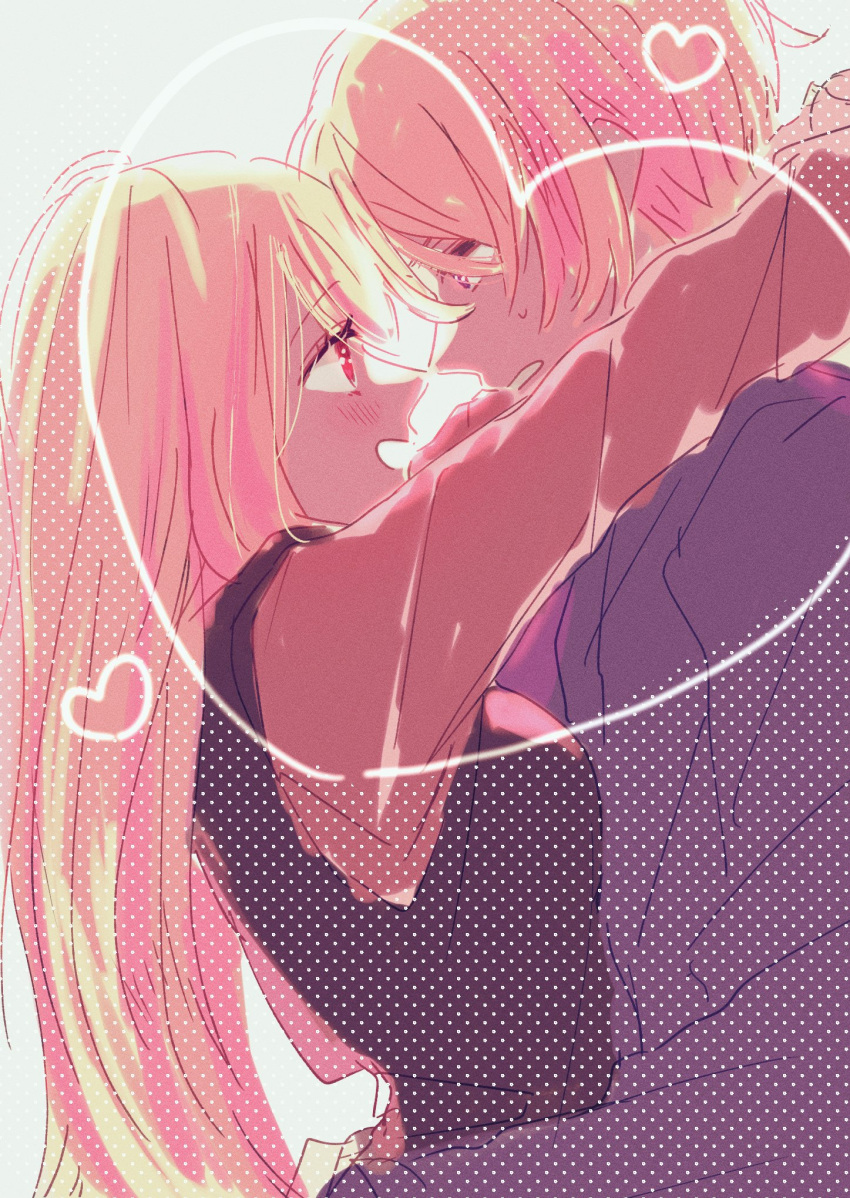 1boy 1girl black_sweater_vest blonde_hair blue_eyes blue_shirt blush brother_and_sister commentary heart hetero highres hoshino_aquamarine hoshino_ruby hug incest kayu64 long_hair long_sleeves one_eye_closed open_mouth oshi_no_ko red_eyes red_shirt screentones shirt short_hair siblings simple_background sweatdrop sweater_vest twincest twins upper_body white_background