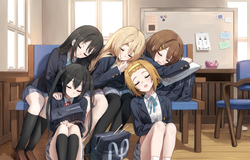 5girls :o akiyama_mio bag black_hair black_pantyhose black_socks blazer blonde_hair blue_eyes blue_jacket blue_ribbon blush bob_cut brown_footwear brown_hair chair closed_eyes collared_shirt commentary_request couch cup drumsticks forehead grey_skirt hair_ornament hairband hairclip highres hirasawa_yui indoors jacket k-on! kneehighs knees_up kotobuki_tsumugi long_sleeves looking_at_another multiple_girls nakano_azusa neck_ribbon object_hug pantyhose pillow red_ribbon ribbon sakuragaoka_high_school_uniform school_bag school_uniform shirt short_hair sitting skirt sleeping socks standing superpig tainaka_ritsu teacup thick_eyebrows twintails white_shirt white_socks window winter_uniform yellow_hairband