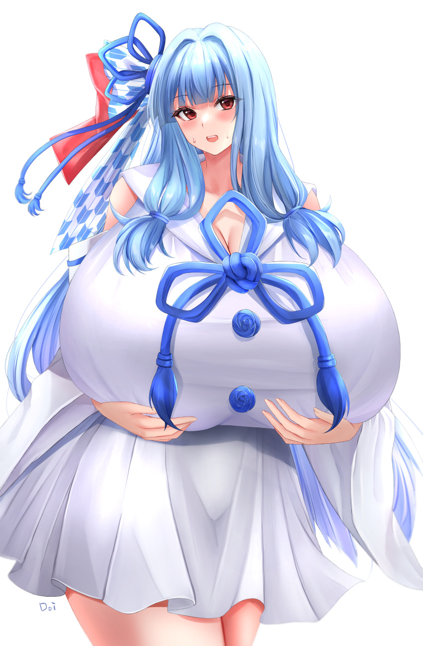 absurdres alternate_breast_size artist_name blue_ribbon blush bow breasts brown_eyes cleavage commission doinaka dress gigantic_breasts hair_bow hair_intakes hands_on_own_breasts head_tilt highres kotonoha_aoi long_hair looking_at_viewer red_bow ribbon sailor_collar skeb_commission smile sweatdrop very_long_hair voiceroid white_background white_dress white_sailor_collar yagasuri