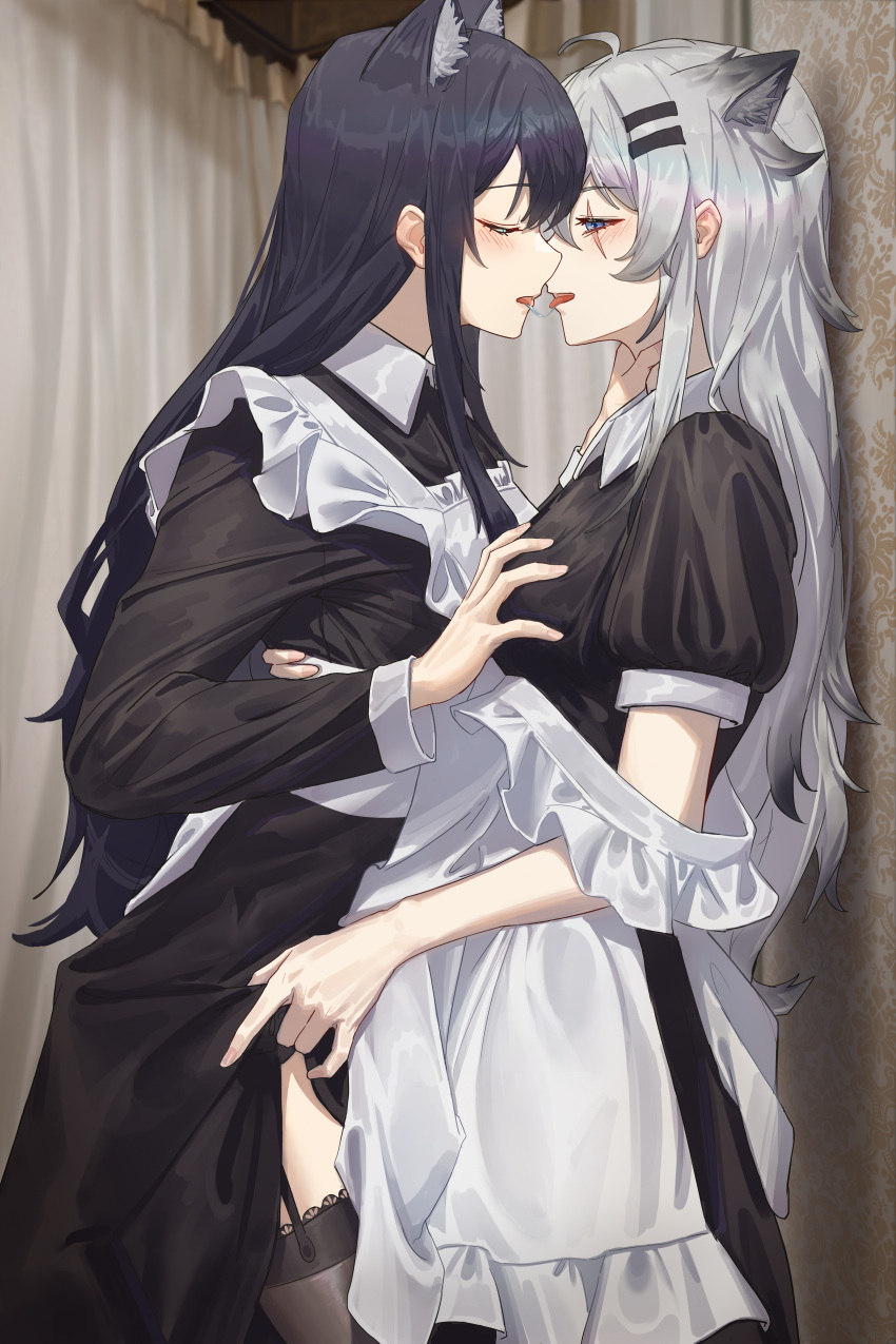 2girls absurdres against_wall ahoge alternate_costume animal_ear_fluff animal_ears apron arknights aroused black_dress black_garter_straps black_hair black_thighhighs blue_eyes blurry blurry_background blush breasts bright_pupils clothes_lift collared_dress commentary_request cowboy_shot curtains depth_of_field dress dress_lift extra_ears eye_contact eyelashes fingernails french_kiss frilled_apron frills from_side garter_straps grabbing grabbing_another's_breast grey_hair groping hair_between_eyes hair_ornament hairclip half-closed_eyes hand_on_another's_back hand_on_another's_chest hand_on_another's_neck hands_up highres indoors kiss lappland_(arknights) light_smile long_hair long_sleeves looking_at_another lucky_strike_(artist) maid maid_apron medium_breasts messy_hair multiple_girls naughty_face open_mouth profile saliva saliva_trail scar scar_across_eye scar_on_face shadow short_sleeves sidelocks squinting standing texas_(arknights) thighhighs tongue tongue_out variant_set wall wallpaper_(object) white_apron white_pupils wing_collar wolf_ears wolf_girl yuri