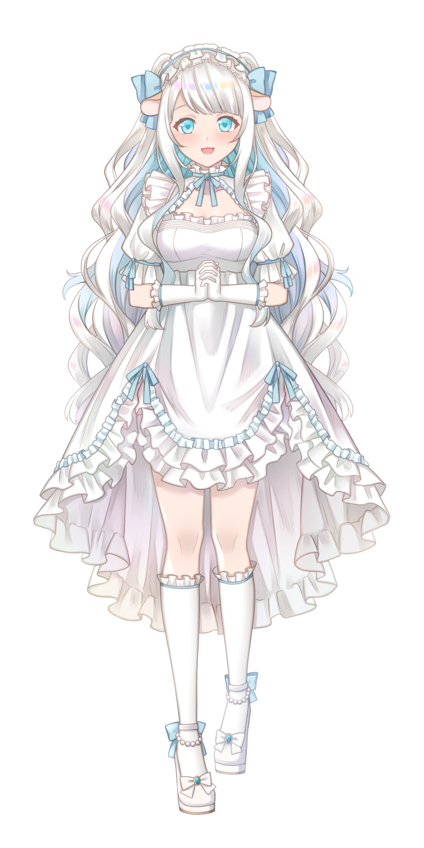 1girl :d absurdres animal_ears ankle_bow anklet annno_ans aqua_bow aqua_eyes aqua_hair aqua_ribbon blunt_bangs blush bow breasts cleavage_cutout clothing_cutout colored_inner_hair curly_hair dress dress_ribbon footwear_bow frilled_dress frilled_gloves frilled_hairband frilled_socks frills full_body gloves gonnokami_hamu hairband hamster_ears hamster_girl hands_up high-low_skirt highres interlocked_fingers jewelry kneehighs lolita_fashion long_hair looking_at_viewer medium_breasts multicolored_hair neck_ribbon official_art own_hands_together pearl_anklet puffy_short_sleeves puffy_sleeves ribbon short_sleeves smile socks solo standing straight-on swept_bangs tachi-e toki_production transparent_background two_side_up very_long_hair virtual_youtuber white_bow white_dress white_footwear white_gloves white_hair white_hairband white_socks