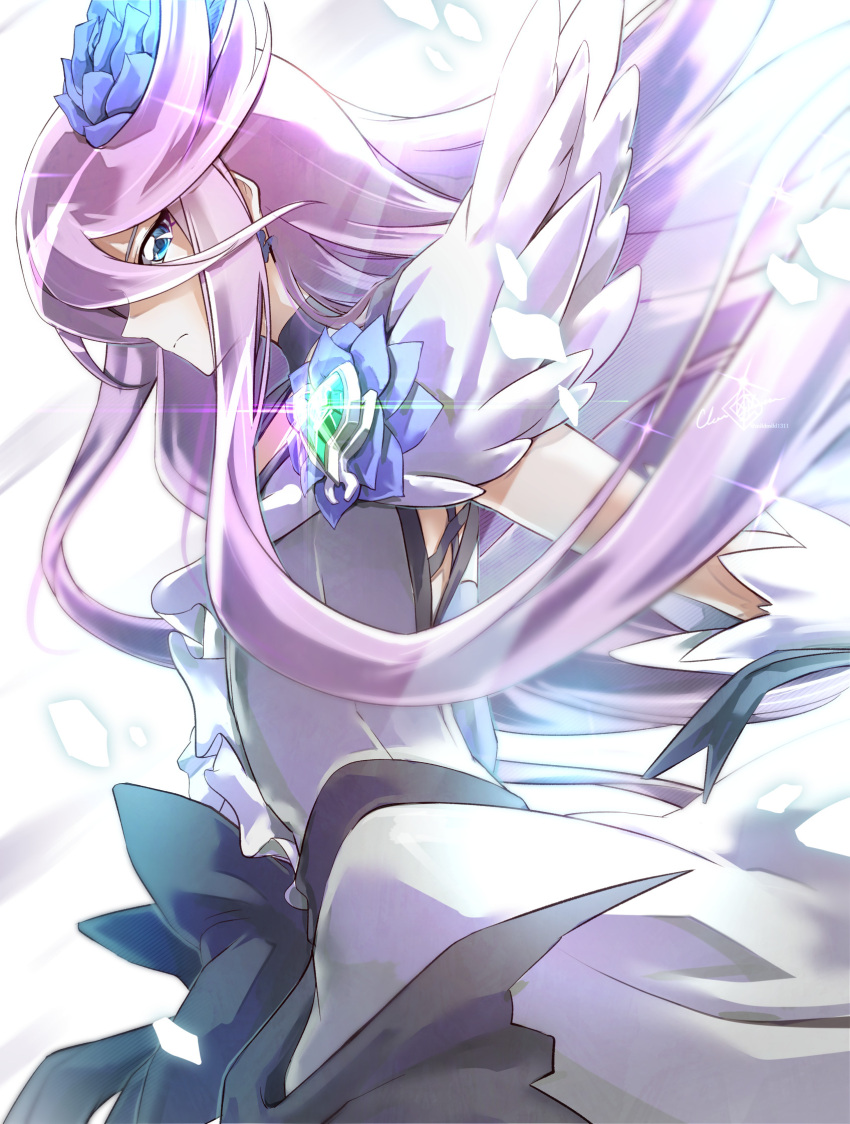 1girl blue_eyes choker clear_glass_(mildmild1311) commentary cure_moonlight dress earrings flower hair_flower hair_ornament heartcatch_precure! highres jewelry looking_at_viewer magical_girl precure purple_choker purple_dress purple_hair purple_theme serious simple_background solo standing symbol-only_commentary tsukikage_yuri white_background wrist_cuffs
