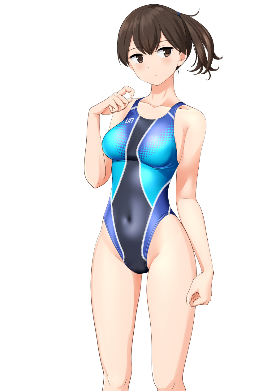 1girl absurdres blue_one-piece_swimsuit breasts brown_eyes brown_hair clothes_writing commentary_request competition_swimsuit covered_navel cowboy_shot feet_out_of_frame highres kaga_(kancolle) kantai_collection looking_at_viewer medium_breasts medium_hair multicolored_clothes multicolored_swimsuit one-piece_swimsuit side_ponytail simple_background solo standing swimsuit takafumi white_background