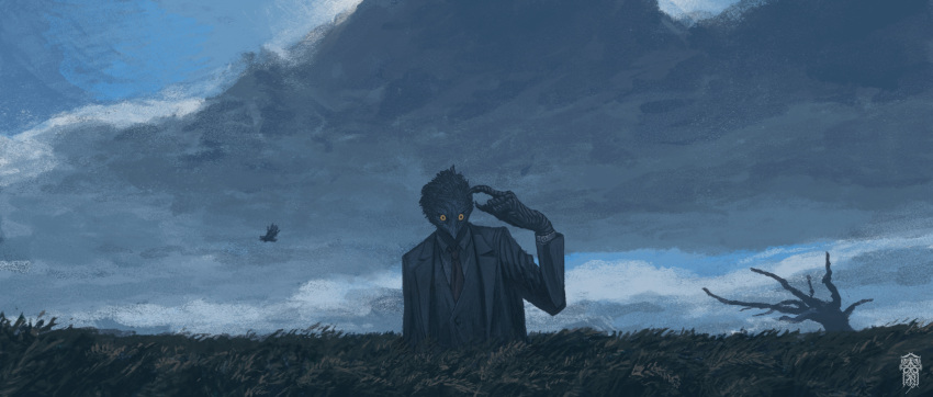 1boy animal_head bare_tree bird bird_boy cloud cloudy_sky collared_shirt formal grey_jacket highres jacket male_focus necktie original outdoors red_necktie shirt sky solo suit taiyakiki-5687 tree white_shirt