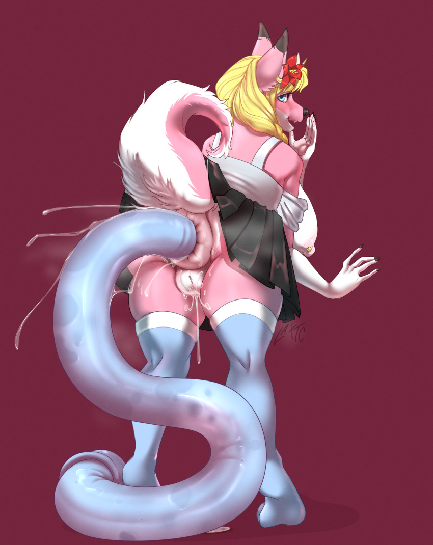 absurd_res accessory anthro anus bent_over big_anus big_breasts blonde_hair blue_eyes bodily_fluids bottomwear breasts butt canid canine canis clothing dildo dildo_shitting double_dildo dragon ear_piercing female flower flower_in_hair fur genital_fluids genitals hair hair_accessory hi_res huge_anus huge_breasts hybrid hyper hyper_anus la.xtc legwear long_dildo looking_at_viewer mammal musk nipple_piercing nipples piercing pink_body pink_fur plant presenting presenting_hindquarters puffy_anus pussy pussy_juice raised_tail roketchu sex_toy shirt skirt solo stockings tail topwear wolf