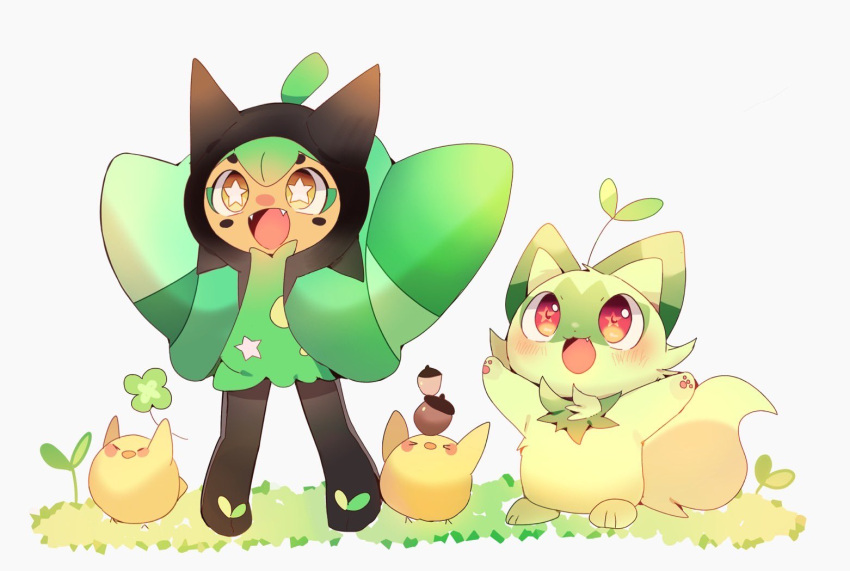 acorn animal_focus bird blush clover fang fangs four-leaf_clover grass green_fur leaf no_humans ogerpon open_mouth pokemon pokemon_(creature) red_eyes simple_background sprigatito standing star-shaped_pupils star_(symbol) symbol-shaped_pupils white_background yupo_0322