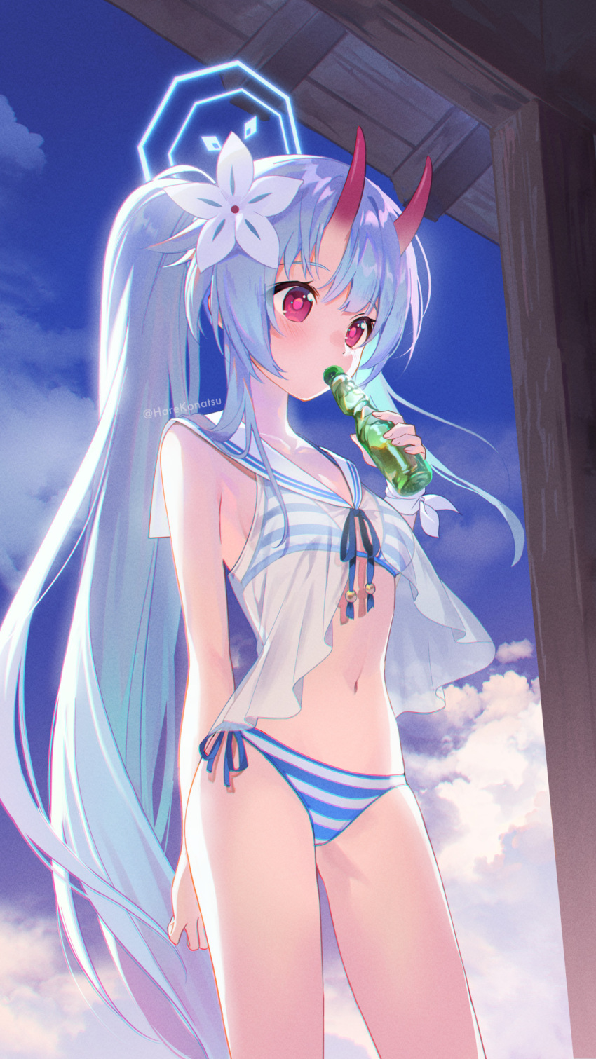 1girl bikini bikini_under_clothes blue_archive blue_hair bottle breasts chise_(blue_archive) chise_(swimsuit)_(blue_archive) cloud day drinking duplicate flower hair_flower hair_ornament halo highres holding holding_bottle horns konatsu_hare long_hair navel oni oni_horns outdoors pixel-perfect_duplicate ramune red_eyes see-through shirt side-tie_bikini_bottom side_ponytail sky sleeveless sleeveless_shirt small_breasts solo striped striped_bikini swimsuit thighs very_long_hair white_shirt