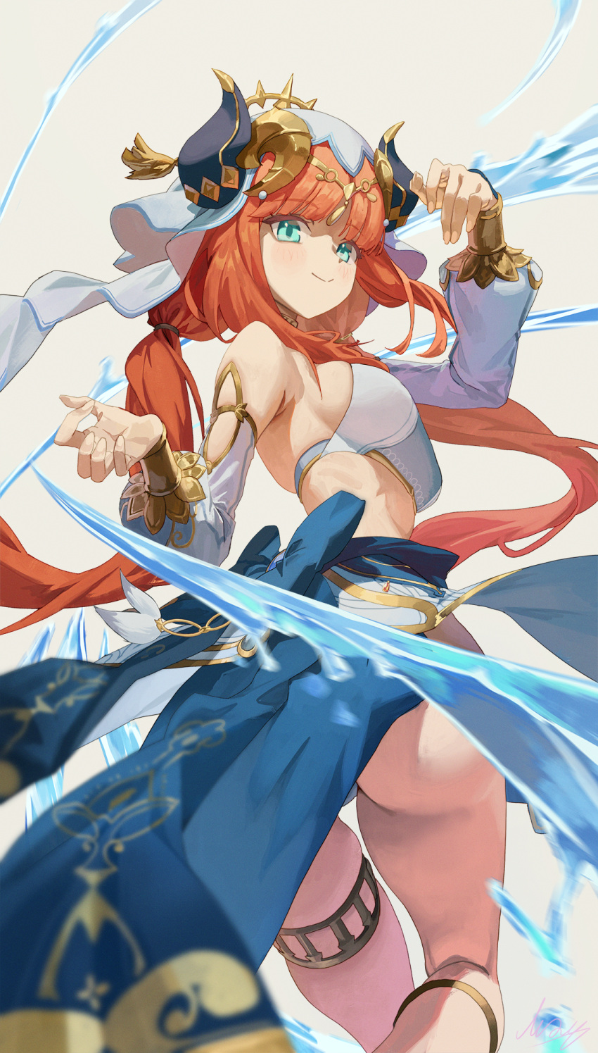 1girl aqua_eyes arm_up armpit_crease armpits ass blue_veil brooch circlet fake_horns genshin_impact gold_trim harem_outfit highres horns jewelry long_hair long_sleeves looking_at_viewer m.q_(mqkyrie) neck_ring nilou_(genshin_impact) ponytail puffy_long_sleeves puffy_sleeves red_hair sidelocks simple_background solo thighlet veil white_headdress white_veil