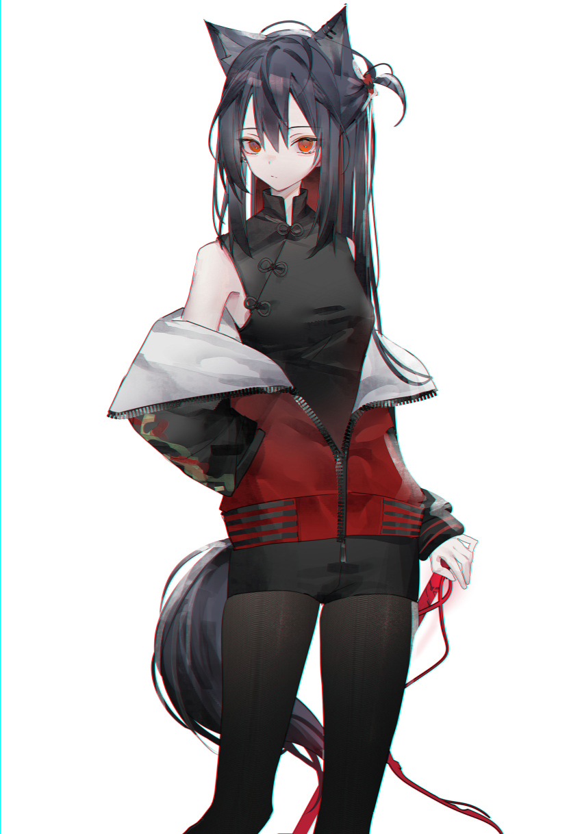 0_(znanimo) 1girl absurdres animal_ears arknights black_hair black_pantyhose black_shirt black_shorts commentary feet_out_of_frame hair_between_eyes hand_in_pocket highres jacket long_hair looking_at_viewer off_shoulder one_side_up open_clothes open_jacket pantyhose pantyhose_under_shorts red_eyes red_jacket shirt shorts simple_background sleeveless sleeveless_shirt solo symbol-only_commentary tail texas_(arknights) white_background wolf_ears wolf_girl wolf_tail