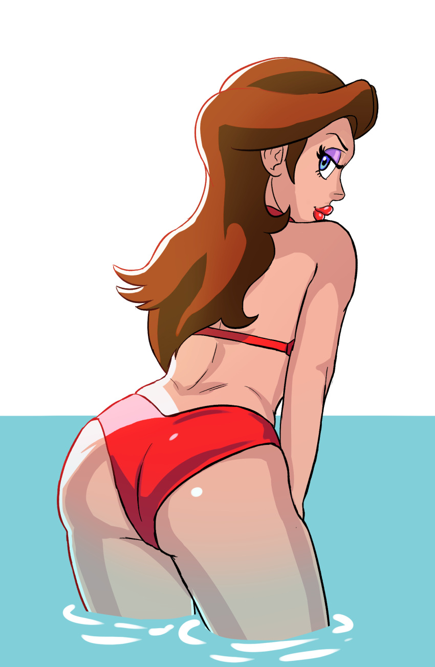 1girl alternate_costume ass back bikini blue_eyes brown_hair donkey_kong_(game) donkey_kong_(series) highres lipstick long_hair looking_at_viewer looking_back makeup mario_(series) pauline_(mario) peppertroopa shiny_skin simple_background smile swimsuit thick_lips thighs water