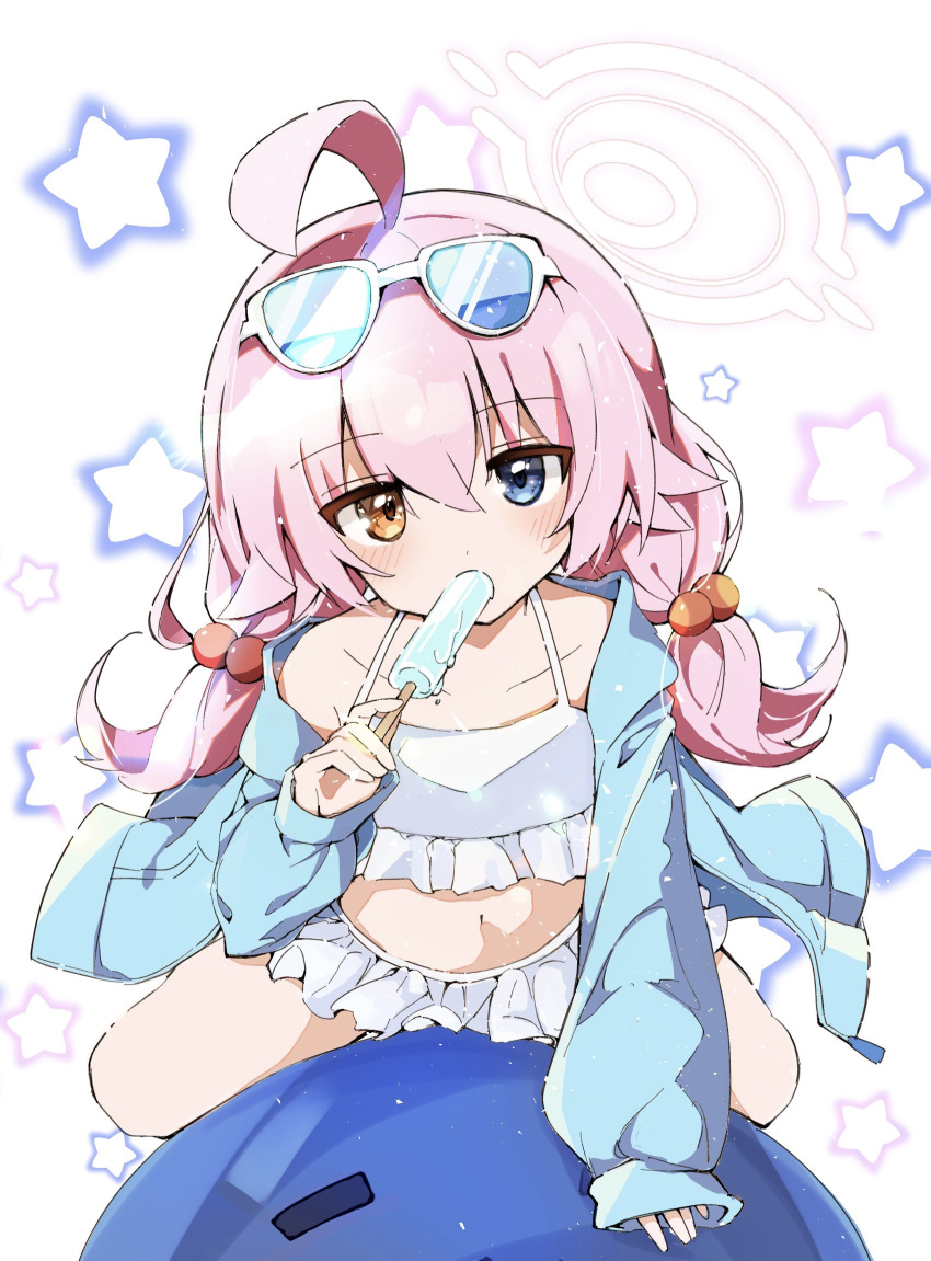 1girl 7ben9i ahoge bikini blue-tinted_eyewear blue_archive blue_eyes blue_jacket collarbone eating eyewear_on_head food frilled_bikini frills hair_bobbles hair_ornament halo head_tilt heterochromia highres holding holding_food hoshino_(blue_archive) hoshino_(swimsuit)_(blue_archive) inflatable_toy inflatable_whale jacket long_hair looking_at_viewer low_twintails orange_eyes pink_hair popsicle simple_background solo star_(symbol) sunglasses swimsuit tinted_eyewear twintails white-framed_eyewear white_background white_bikini