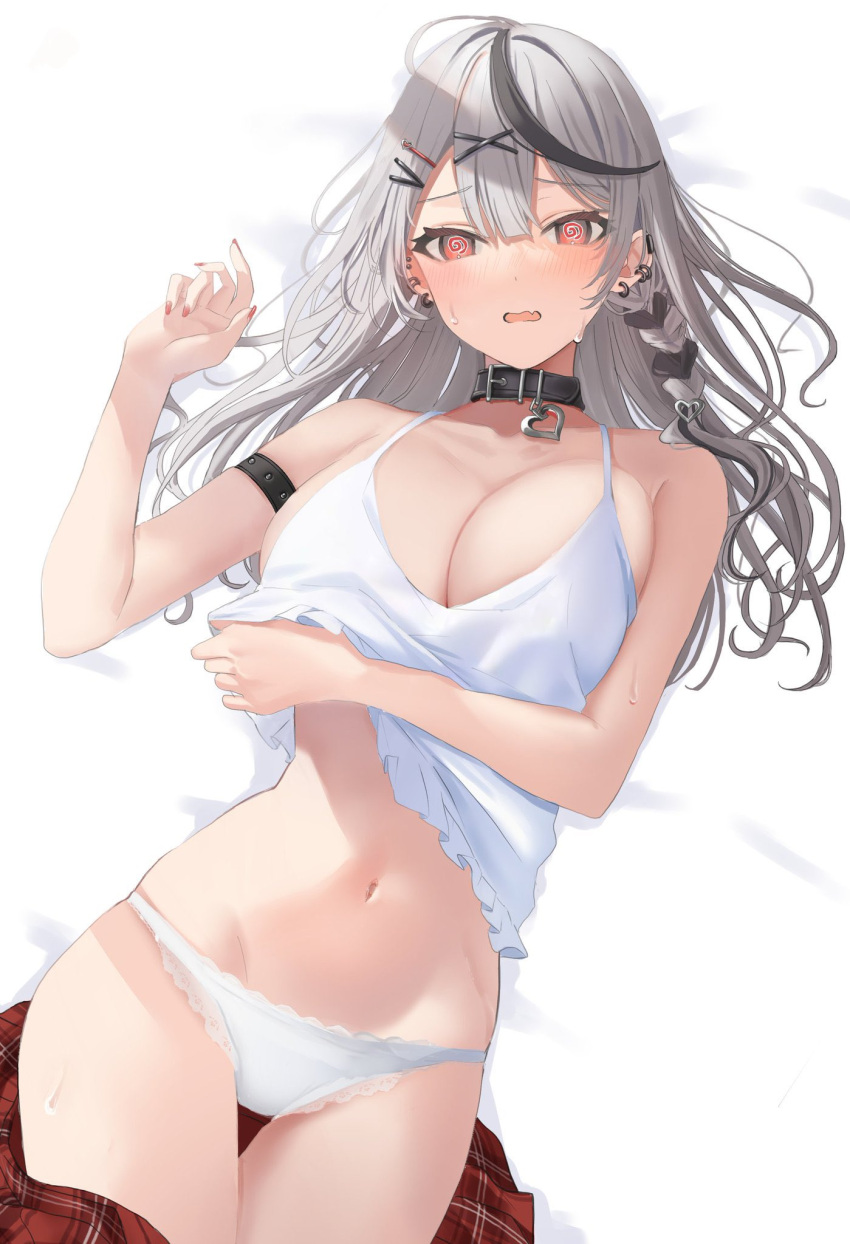 1girl @_@ black_hair braid breasts camisole cleavage collar grey_hair hair_ornament hairclip highres hololive large_breasts long_hair lying midriff mishimahachi multicolored_hair nail_polish navel on_back on_bed panties pillow red_eyes red_nails sakamata_chloe side_braid skirt skirt_removed solo streaked_hair sweat underwear virtual_youtuber white_camisole white_panties x_hair_ornament