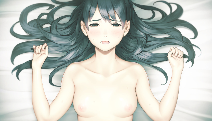 1girl bed_sheet black_hair blush breasts collarbone crying game_cg grey_eyes half-closed_eyes hamashima_shigeo highres konomi_naruko long_hair looking_at_viewer lying medium_breasts minikui_mojika_no_ko nipples nude on_back solo straight_hair sweatdrop tears upper_body