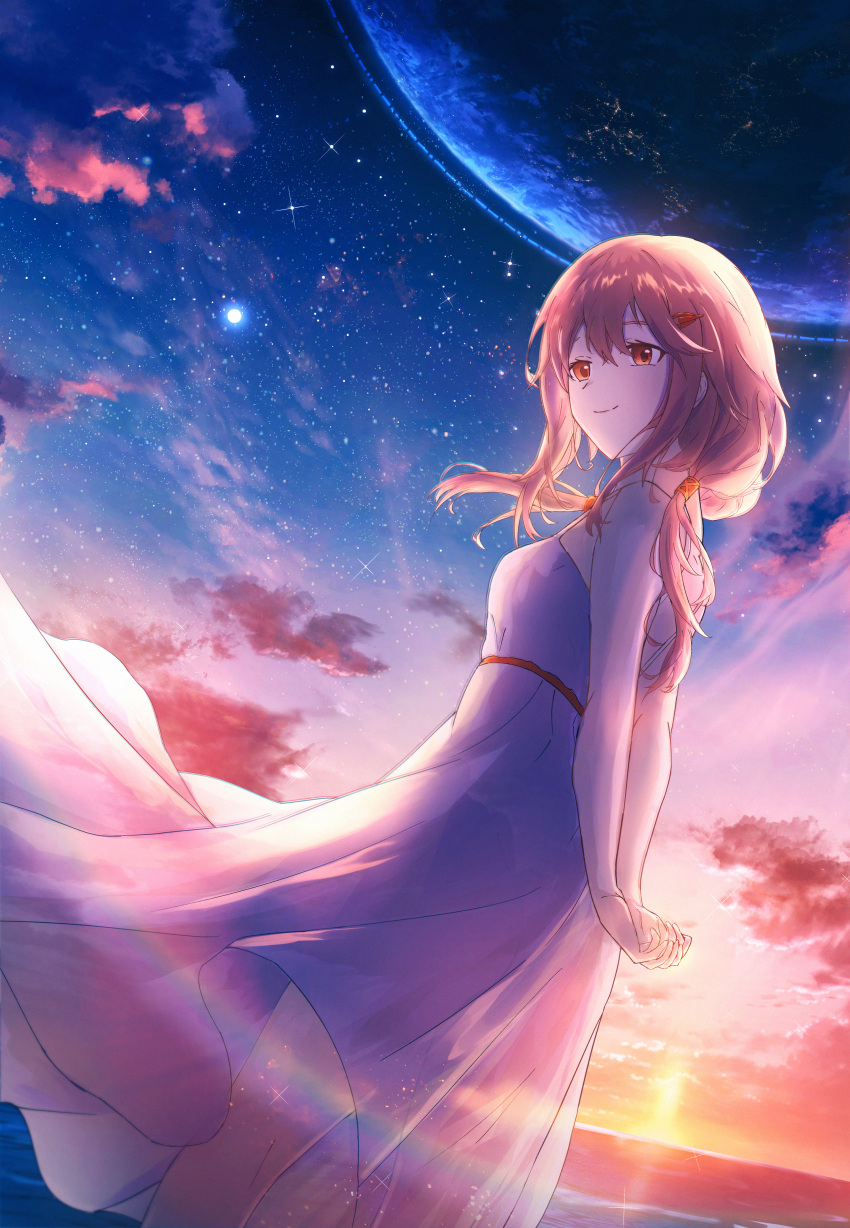 1girl absurdres arms_behind_back bare_arms closed_mouth cloud dress evening guilty_crown hair_ornament hair_tubes hairclip highres hoshino_mizuki_(hoshino_263f) lens_flare long_hair ocean outdoors pink_hair planet red_eyes scenery sky smile space standing star_(sky) starry_sky sunset white_dress yuzuriha_inori