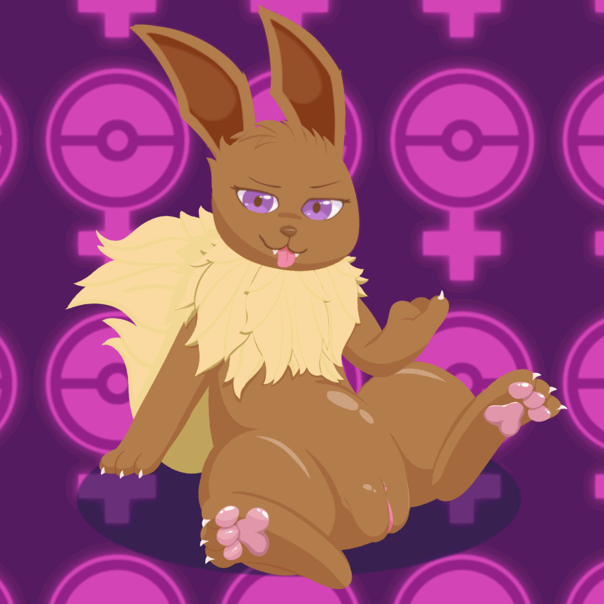 animated bodily_fluids claws eevee female feral fluffy fluffy_tail generation_1_pokemon genital_fluids genitals hi_res jakuya_art looking_at_viewer mammal nintendo pawpads paws pokemon pokemon_(species) presenting presenting_pussy purple_eyes pussy pussy_juice solo spread_legs spreading tail tongue tongue_out