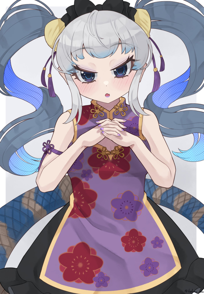 1girl bare_shoulders blue_eyes blush china_dress chinese_clothes dress eyeshadow grey_background grey_hair hair_ornament highres kedama_(ughugjydthjdf) kemono_friends komodo_dragon_(kemono_friends) long_hair looking_at_viewer makeup open_mouth ribbon simple_background snake_tail solo tail twintails