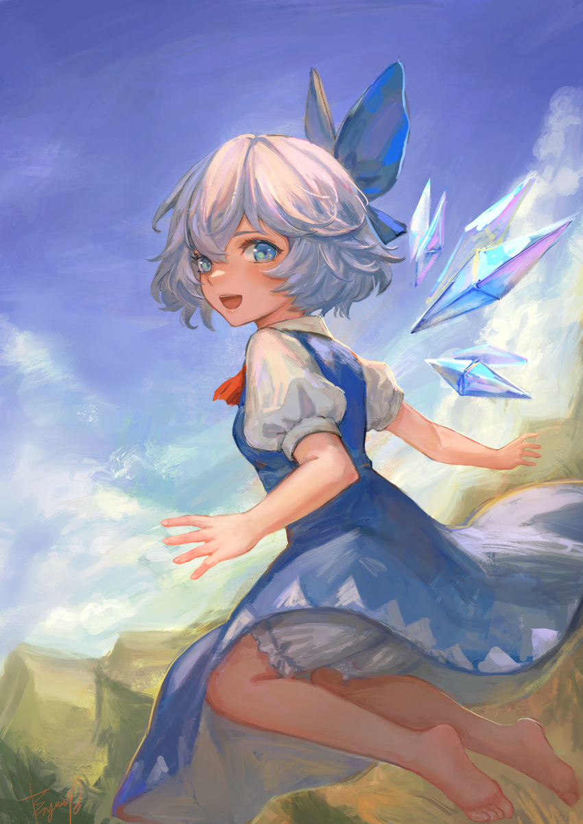 1girl absurdres barefoot bloomers blue_bow blue_dress blue_eyes blue_hair bow bryanth cirno detached_wings dress fairy hair_between_eyes hair_bow highres ice ice_wings open_mouth puffy_short_sleeves puffy_sleeves shirt short_hair short_sleeves smile solo touhou underwear white_bloomers white_shirt wings