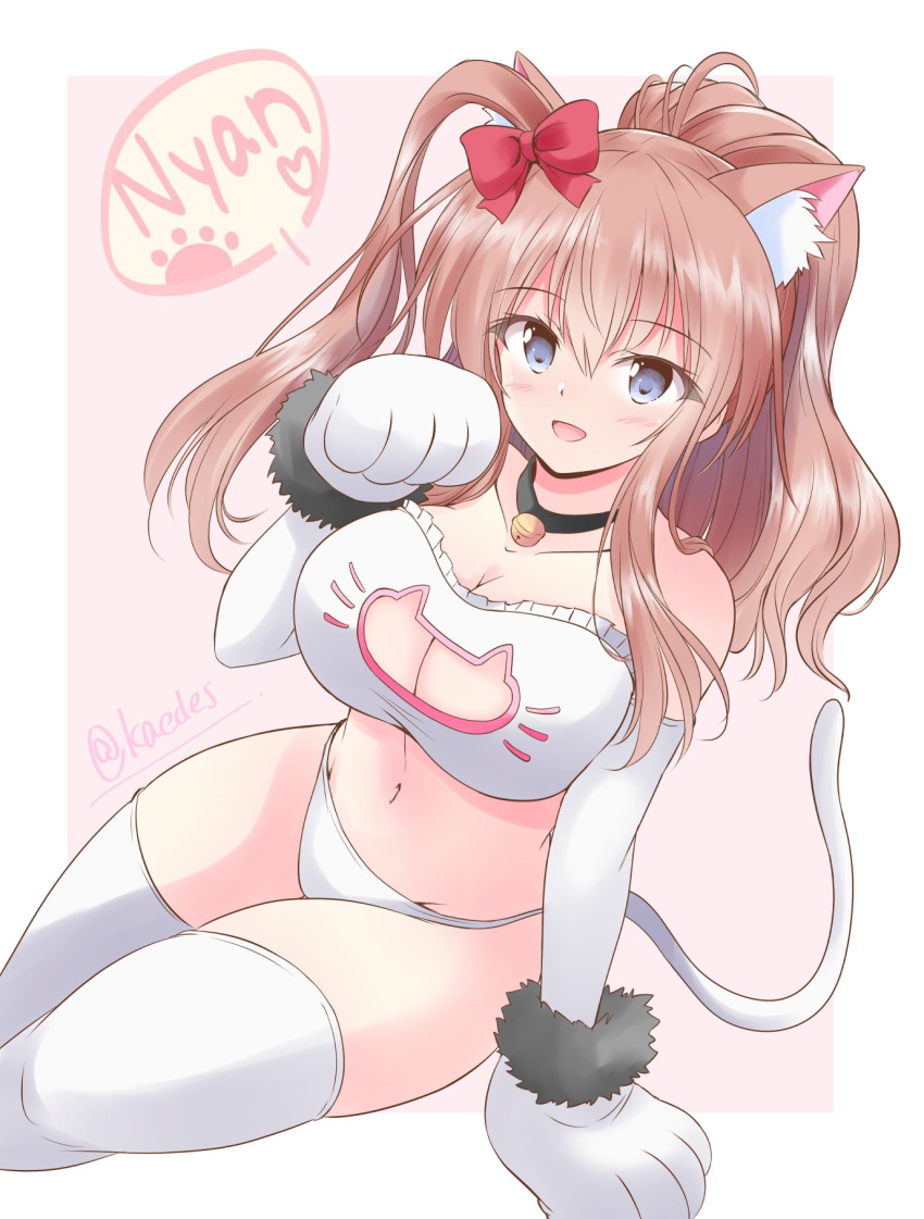 1girl animal_ears animal_hands bow breasts brown_hair cat_cutout cat_ears cat_tail cleavage cleavage_cutout clothing_cutout gloves grey_eyes high_side_ponytail highres kantai_collection large_breasts one-hour_drawing_challenge paw_gloves ponytail red_bow saratoga_(kancolle) shizuna_kaede side_ponytail sidelocks sitting smile solo tail thighhighs white_thighhighs