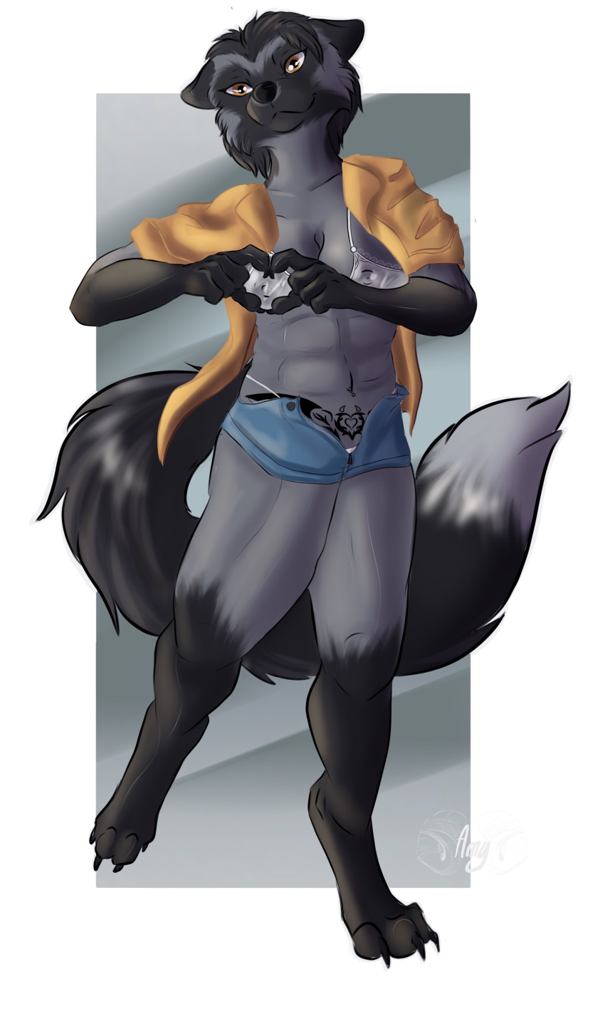 absurd_res amy_rasc anthro black_body black_fur bra breasts canid canine clothing female fox fur gesture grey_body grey_fox grey_fur hand_heart hi_res long_tail mammal muscular short solo tail underwear urocyon womb_tattoo