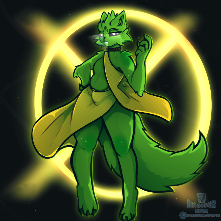 1:1 absurd_res anthro belly biped bulge clothed clothing digital_media_(artwork) edgy fur girly glowing glowing_eyes green_body green_fur green_hair hair hi_res looking_at_viewer male nagifur narrowed_eyes open_mouth rain_world robe saint_(rain_world) simple_background slugcat_(rain_world) smug solo