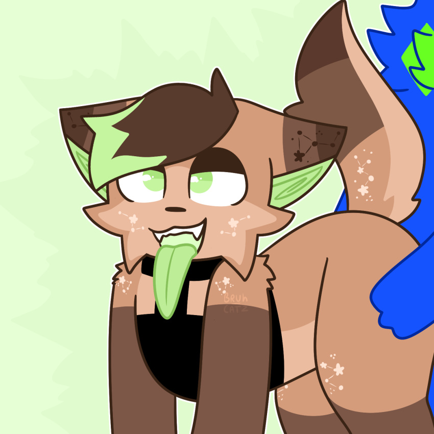 ambiguous_gender anthro blue_body blue_fur brown_body brown_fur bruh_catz canid canine clothed clothing doggystyle duo from_behind_position fur green_eyes green_tongue hi_res hip_grab long_tongue male male/male mammal partially_clothed sex tongue tongue_out