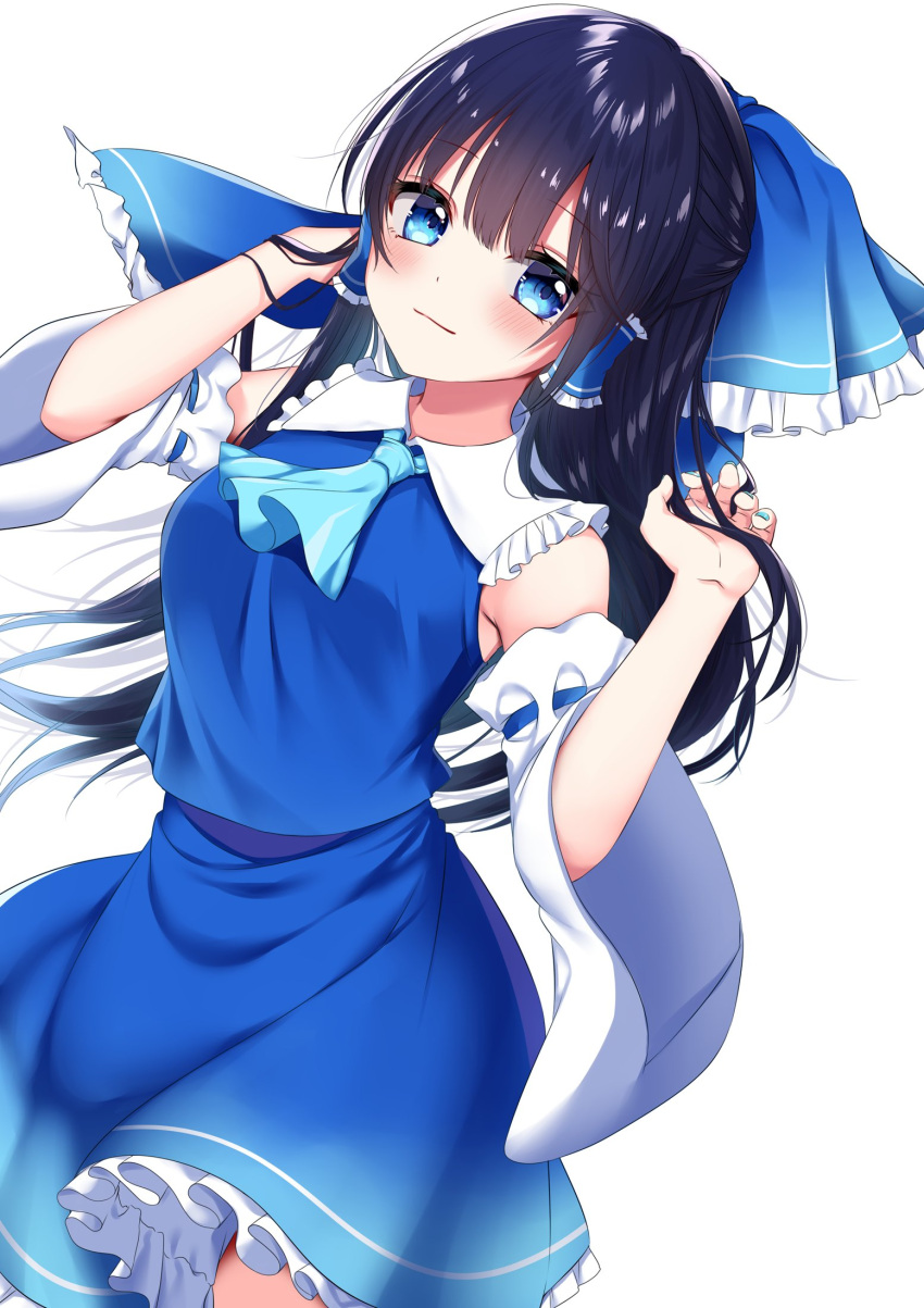 1girl alternate_color aqua_nails ascot black_hair blue_ascot blue_eyes blue_shirt blue_skirt blush bow closed_mouth collared_shirt commentary cowboy_shot detached_sleeves dutch_angle fingernails frilled_bow frilled_hair_tubes frilled_shirt_collar frills hair_bow hair_tubes hakurei_reimu highres light_smile long_hair looking_at_viewer nail_polish petticoat player_2 revision shinonome_asu shirt simple_background skirt skirt_set solo touhou white_background white_sleeves wide_sleeves