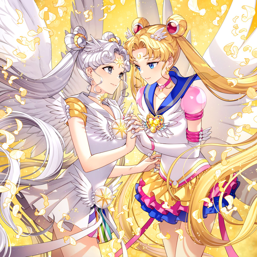 2girls bishoujo_senshi_sailor_moon blonde_hair blue_eyes blue_sailor_collar brooch closed_mouth collarbone commentary crescent crescent_earrings crescent_facial_mark double_bun dress earrings elbow_gloves eternal_sailor_moon facial_mark feathered_wings feathers forehead_mark frilled_dress frills gloves grey_choker grey_eyes grey_hair hair_bun hair_ornament heart heart_brooch heart_hair_bun heart_o-ring heart_ring_choker highres holding_hands interlocked_fingers jewelry long_hair looking_at_another magical_girl multiple_girls multiple_rings nardack parted_bangs pleated_dress ring sailor_collar sailor_cosmos sailor_moon sailor_senshi_uniform sidelocks standing star_(symbol) star_earrings star_facial_mark symbol-only_commentary tsukino_usagi twintails very_long_hair white_dress white_gloves wings