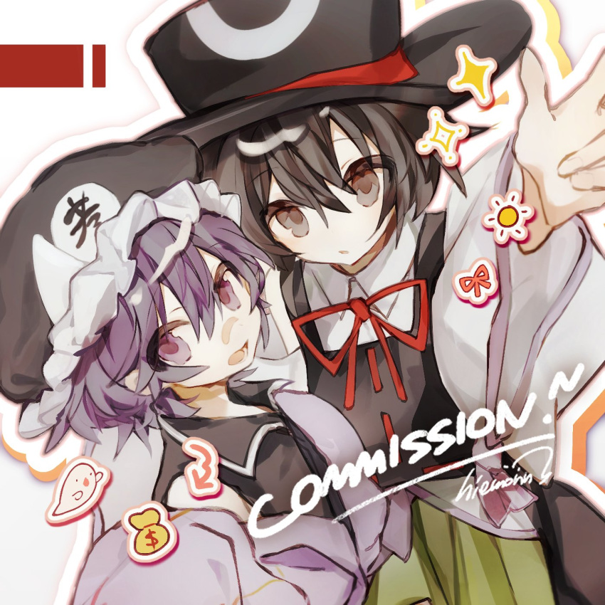 2others :o arrow_(symbol) black_coat black_eyes black_hair black_shirt bow bowtie coat collared_shirt commentary commission detached_sleeves english_text enraku_tsubakura eye_on_hat frilled_hat frills ghost green_skirt hakama hakama_short_skirt hakama_skirt hat hat_ribbon hiemonn highres jacket japanese_clothes len'en looking_at_viewer lower_teeth_only mob_cap money_bag multiple_others off_shoulder open_mouth outstretched_hand purple_eyes purple_hair purple_jacket purple_trim red_bow red_bowtie red_ribbon ribbon ribbon-trimmed_coat shirt shitodo_kuroji short_hair signature single_bare_shoulder skirt sleeveless_coat smile sparkle sun symbol-only_commentary tabi teeth top_hat triangular_headpiece upper_body white_background white_shirt white_sleeves white_trim wide_sleeves