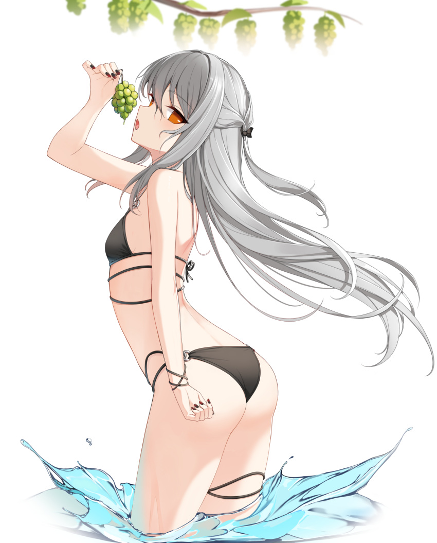 1girl arched_back arm_up ass bare_shoulders bikini black_bikini black_nails breasts closers food from_behind fruit grapes grey_hair half_updo highres holding long_hair looking_at_viewer looking_back multi-strapped_bikini nail_polish o-ring o-ring_bikini official_art open_mouth orange_eyes small_breasts solo string_bikini swimsuit thighs tina_(closers) very_long_hair wading water