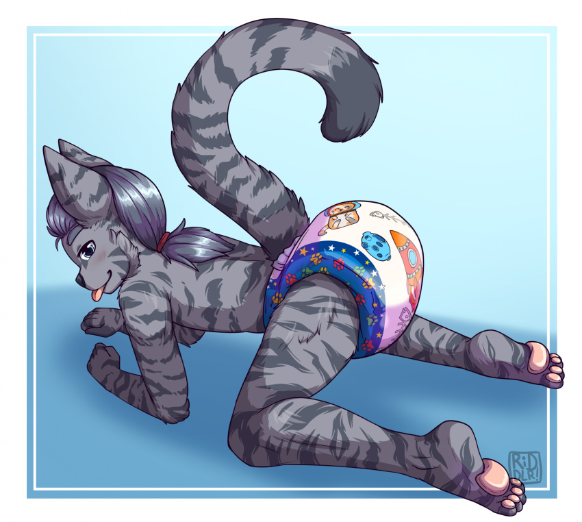 anthro blep blue_eyes diaper eyebrows felid feline fur grey_body grey_eyebrows grey_fur hair hi_res male mammal markings pawpads ponytail riddlr simple_background solo striped_body striped_fur striped_markings stripes teasing teasing_viewer tongue tongue_out