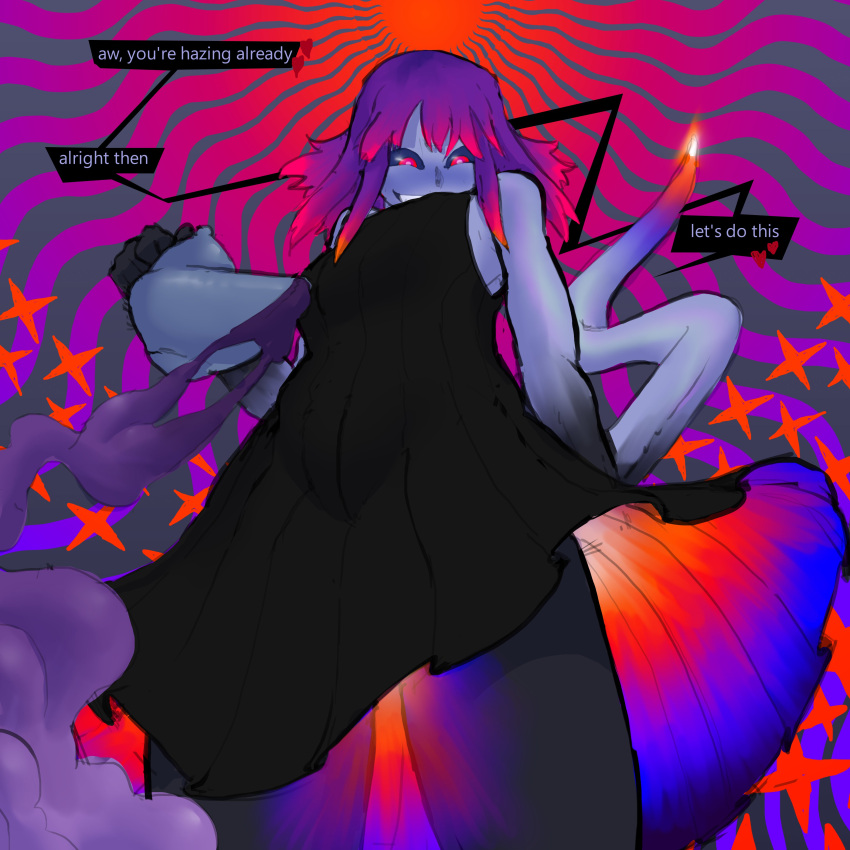 &lt;3 1:1 absurd_res bangs bioluminescence blue_body blue_skin breasts clothed clothing dialogue dress drugs english_text female first_person_view fully_clothed glowing glowing_tail hair hi_res humanoid low-angle_view magic_lamp not_furry purple_hair smile smoke solo speech_bubble tail tailed_humanoid talking_to_viewer text thecore34 worm's-eye_view