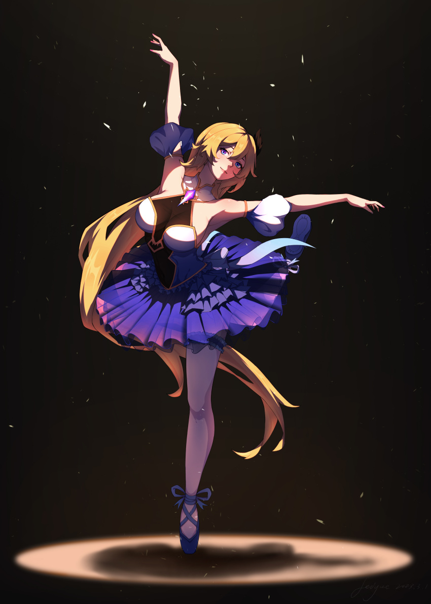 1girl 678749155 absurdres alternate_costume ballet ballet_slippers bianka_durandal_ataegina blonde_hair blue_eyes closed_mouth en_pointe frilled_garter hair_between_eyes highres honkai_(series) honkai_impact_3rd legwear_garter long_hair outstretched_arms pantyhose shadow single_legwear_garter solo spotlight tutu very_long_hair