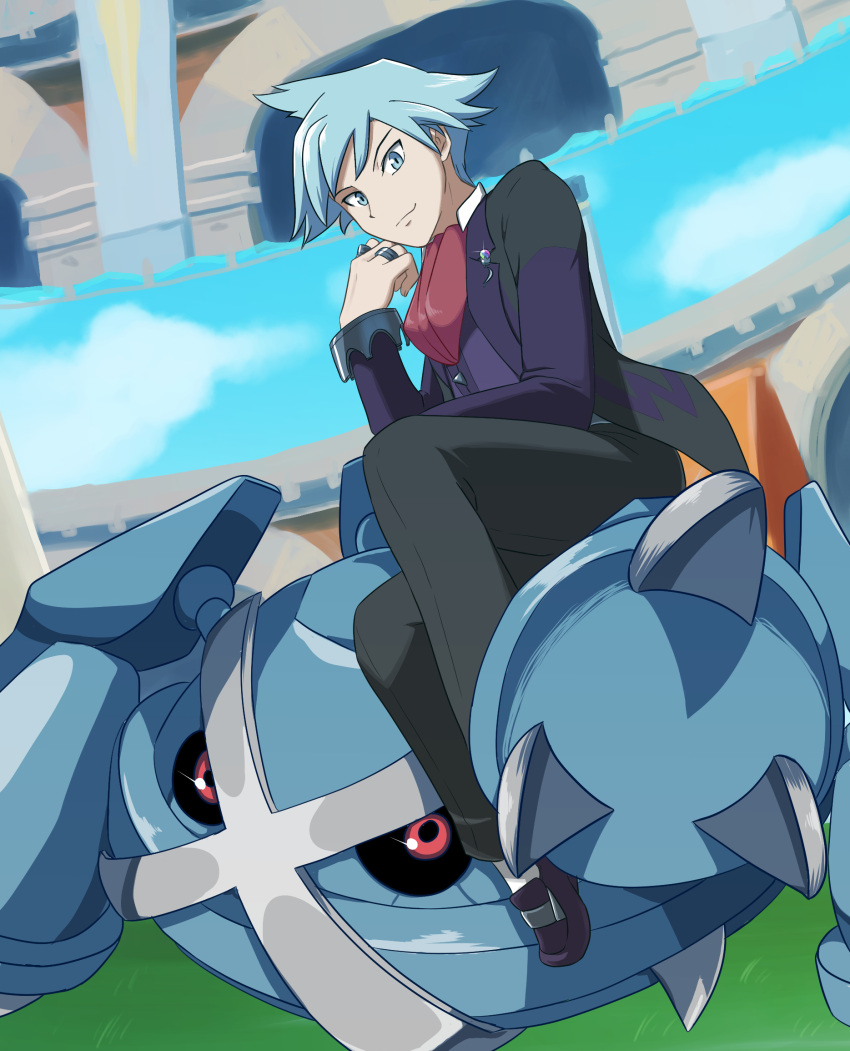 1boy ascot black_footwear black_jacket black_pants black_sclera blue_eyes blue_hair colored_sclera creature enohito highres jacket jewelry male_focus mega_stone metagross pants pokemon pokemon_(creature) pokemon_(game) pokemon_oras red_ascot red_eyes riding ring smirk socks steven_stone white_socks